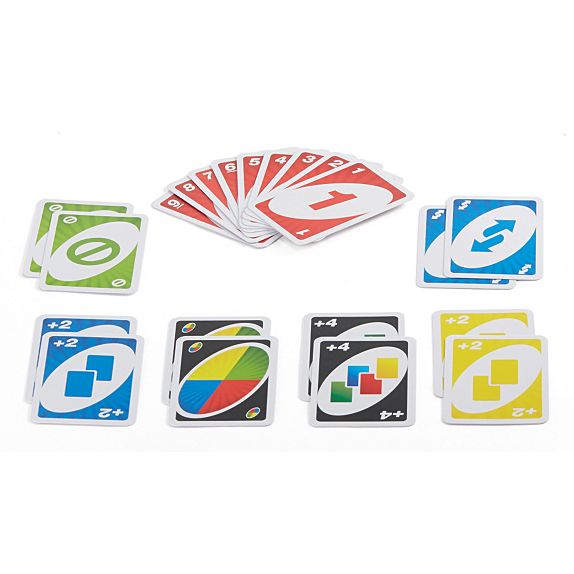 Uno card game laid out with colorful number and action cards for 2-10 players, fun and easy to play.