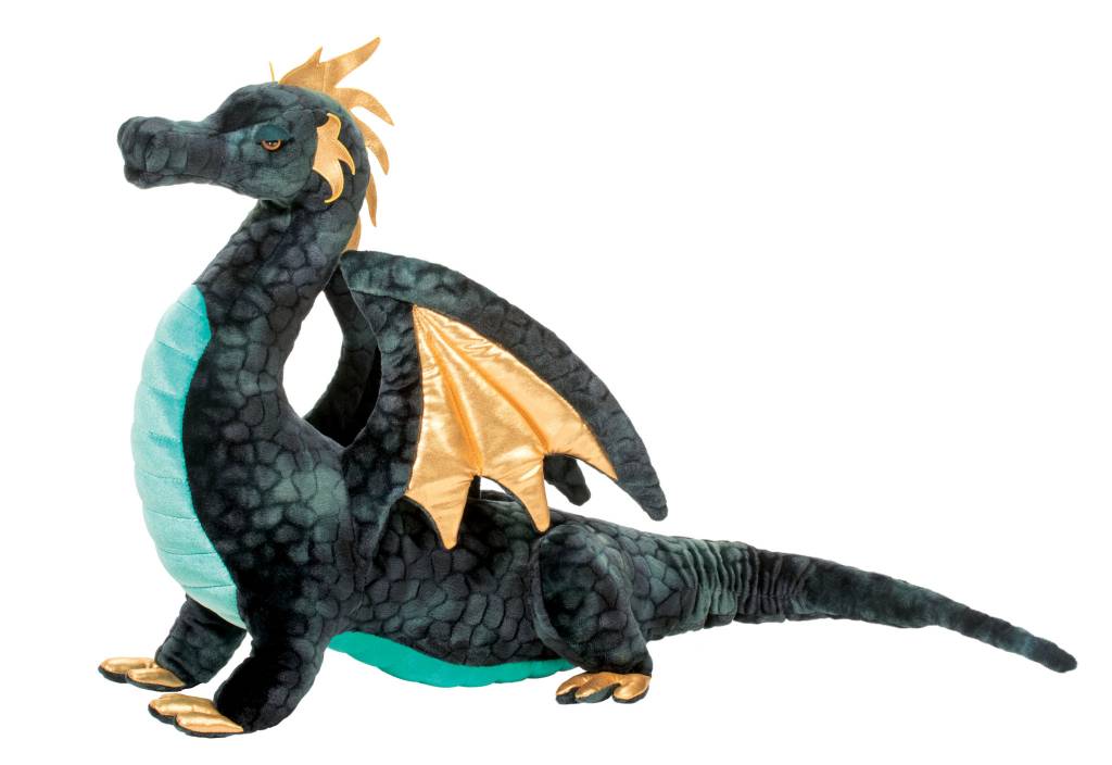 Dragon Aragon plush toy with navy textured scales, turquoise underside, and metallic gold wings and accents in an alert pose.