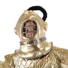 Diving Bell Plush Helmet in gold lamé fabric, designed to look like a vintage deep-sea diving helmet for adults and kids.