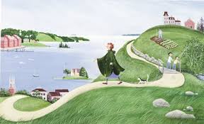 Miss Rumphius walking along a coastal path with lupines blooming, illustrating a story of beauty and adventure.