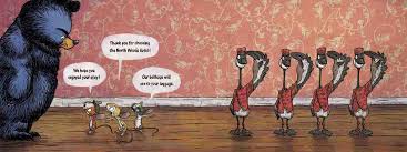 Hotel Bruce illustration showing a grumpy bear confronting mice and goslings in his den turned hotel.