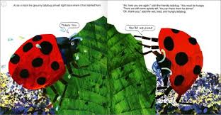 The Grouchy Ladybug board book illustration showing two ladybugs interacting on green leaves and flowers.