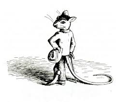 Stuart Little black and white illustration of a mouse standing confidently with a hat and tail.