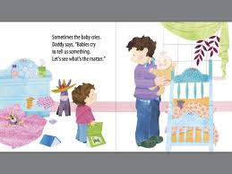 I'm a Big Brother" illustration showing a young boy, father, and crib in a cozy nursery setting.