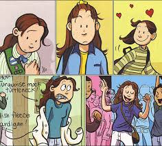Smile comic panels showing a young girl experiencing life events with braces and friendships during middle school.