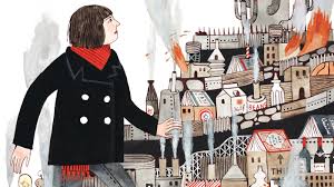 Under Wildwood #2 book illustration showing a character observing a detailed, whimsical cityscape with factories and towers.