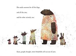 Extra Yarn illustration showing various animals wearing colorful sweaters, from the Caldecott Honor Book Extra Yarn.