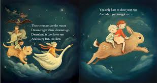 Dream Animals board book illustration with children riding a flying rabbit among dream animals at night.