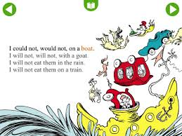 Green Eggs and Ham book page featuring Sam-I-am with a train, boat, goat, and mouse in colorful illustration.
