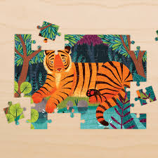 48pc Bengal Tiger Mini Puzzle showing a partially completed tiger image with vibrant jungle background on wooden surface.