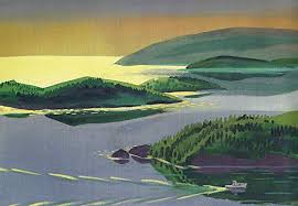 Time of Wonder book illustration showing serene Maine islands with calm waters at sunset in a soft, poetic style.