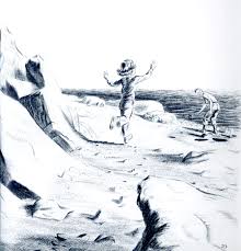 One Morning in Maine cover illustration showing children playing near rocky shore by the sea in a calm, detailed pencil sketch.