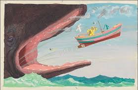 Burt Dow, Deep Water Man shows a boat with Burt and a gull near a giant whale’s open mouth on rough Maine coastal waters.