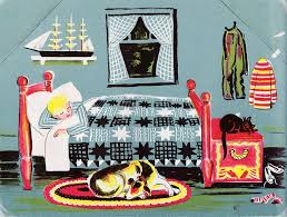 Lobsterman book illustration of a child sleeping in bed with a dog and cat nearby in a cozy Maine coastal room.