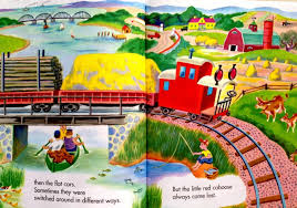 Little Golden Book: Little Red Caboose shows a colorful train crossing a bridge in a vibrant countryside scene.