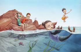 Illustration from Halfway Wild showing children and a seal in water exploring emotions and imagination playfully.