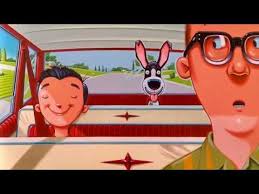 Illustration from "If I Built a Car" showing a boy, dog, and man enjoying a car ride with bright colors and playful expressions.