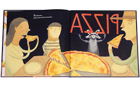 Secret Pizza Party book illustration showing characters enjoying slices of pizza around a table with a pizza box in the center.