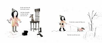 Extra Yarn book pages showing a girl with magical yarn and a dog, with simple, colorful illustrations.