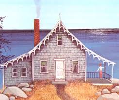 Miss Rumphius showing a coastal cottage by the sea with smoke from the chimney and a woman on the porch.