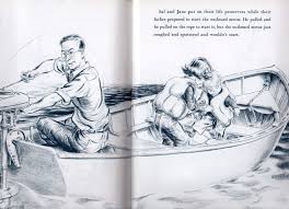 One Morning in Maine book illustration of a father rowing a boat with two children on a sunny day.
