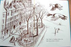 Make Way For Ducklings illustration showing Mrs. Mallard and her ducklings near Boston Public Gardens.