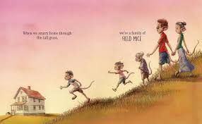 Halfway Wild book illustration of children and adults running through a grassy hill toward a house at sunset.
