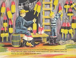 Lobsterman shows a father and son preparing lobster traps surrounded by colorful buoys in a cozy fishing shed.