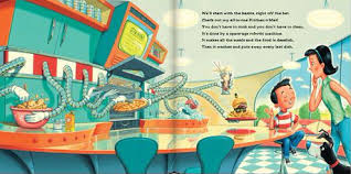 If I Built a House illustration showing Jack imagining a whimsical kitchen with futuristic gadgets and a racetrack.