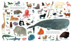 Here We Are book illustration showing diverse animals from land, sea, and air in a friendly, colorful style by Oliver Jeffers.