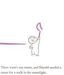 Harold and the Purple Crayon illustration showing Harold drawing a crescent moon with his oversized purple crayon.
