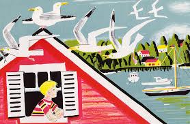 Lobsterman illustration showing a boy on a red rooftop with seagulls and boats on the Maine coast in Dahlov Ipcar’s style.