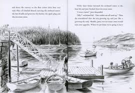 One Morning in Maine book illustration showing a calm harbor scene with boats and a dock in black and white.