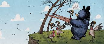 Mother Bruce cover illustration showing Bruce the bear with goslings on a cliff under a blue sky, children’s book art.