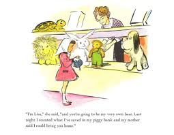 Illustration from Corduroy showing a little girl meeting a small teddy bear in a department store.