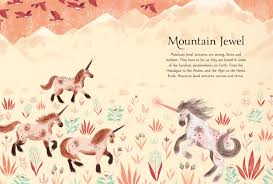 Magical Unicorn Society Official Handbook page with illustrated unicorns and descriptive text about Mountain Jewel unicorns.