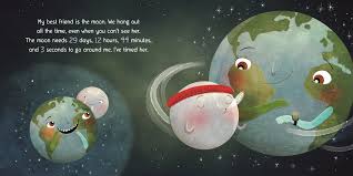 Earth! My First 4.54 Billion Years children's book illustration showing Earth with the moon and friendly faces.