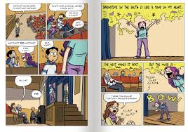 Drama graphic novel cover showing middle school theater scenes with students building sets and acting on stage.