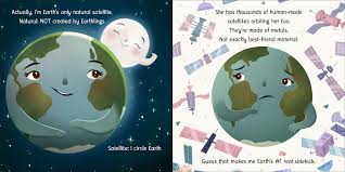 Moon! Earth's Best Friend book illustration showing Earth and Moon with satellites circling Earth, friendly space theme.