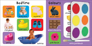 First 100 Words board book showing bright images and simple words for toddlers learning essential first words.