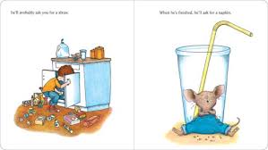 If You Give a Mouse a Cookie book page showing mouse with a glass of milk and a child searching in a kitchen.