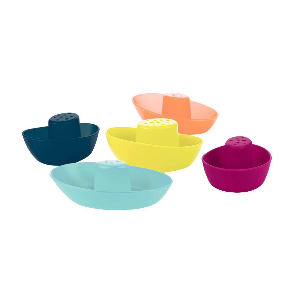 FLEET Stacking Boats set of five colorful stackable plastic boats with wide decks and drain holes for water play.