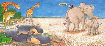 Illustration from the board book Hug showing Bobo the chimp, elephants, giraffes, and other jungle animals in a bright, friendly scene.