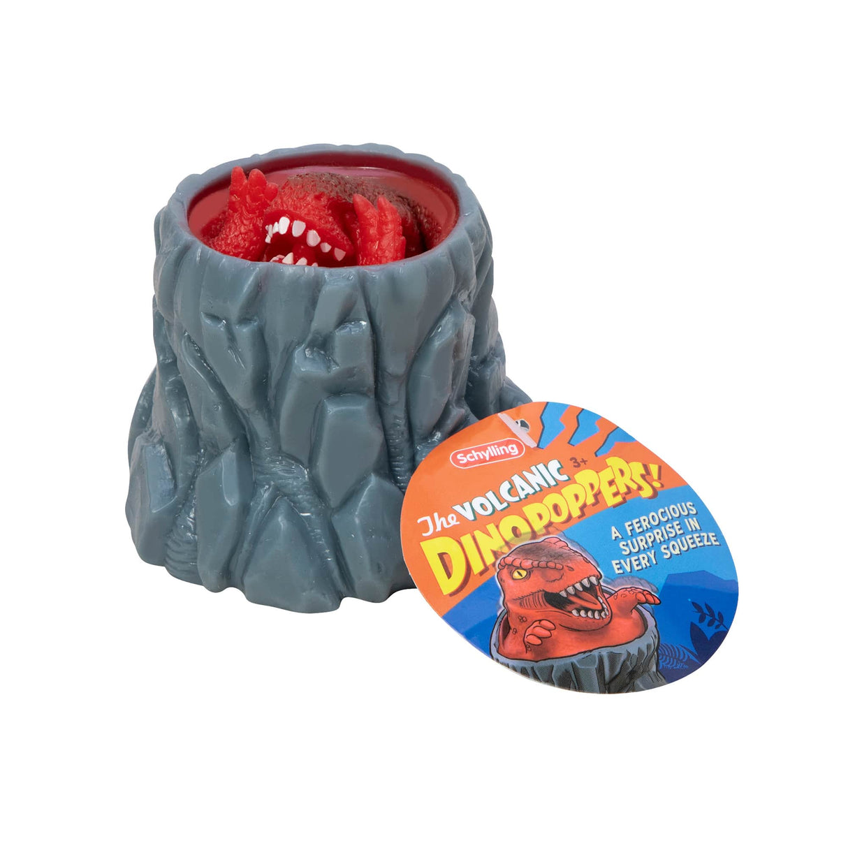 Volcanic Dino Poppers toy showing a gray volcano with a red T-Rex popping out when squeezed for kids ages 3 and up.