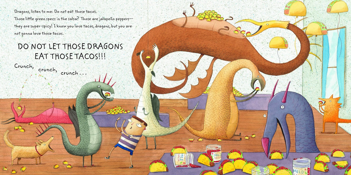 Dragons Love Tacos illustration showing dragons and tacos in a colorful, playful party scene from the children's book.