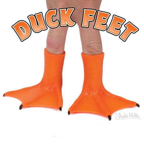 Duck Foot finger puppets in bright orange vinyl worn on fingers, perfect for playful duck imitation fun.