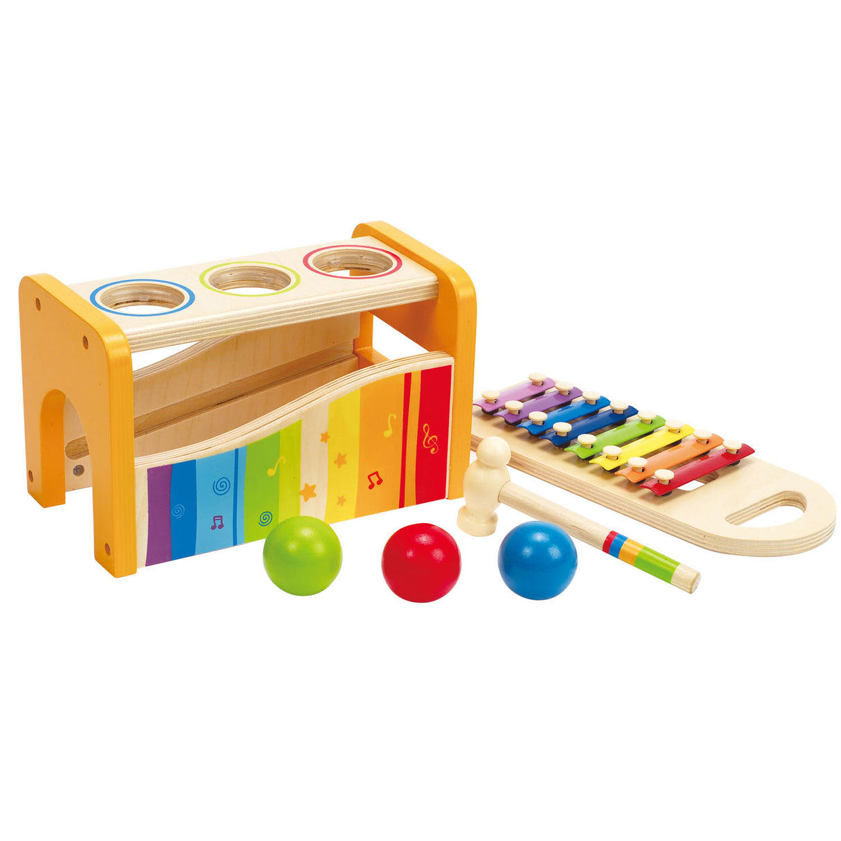 Pound & Tap Xylophone with colorful balls, wooden mallet, and slide-out rainbow xylophone for toddler music play.