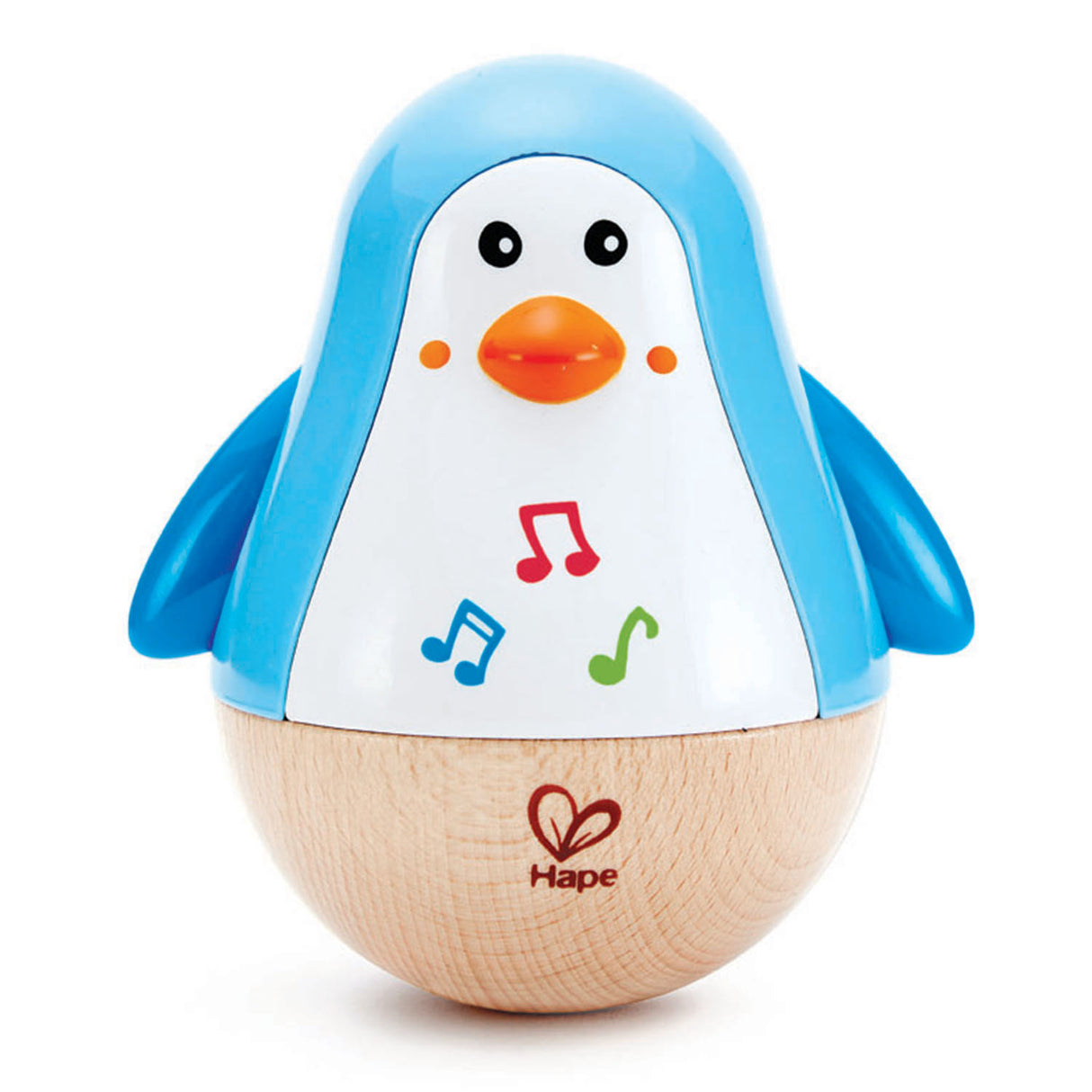Musical Penguin Wobbler toy with blue wings, wooden base, and colorful musical notes for children aged 6+ months.