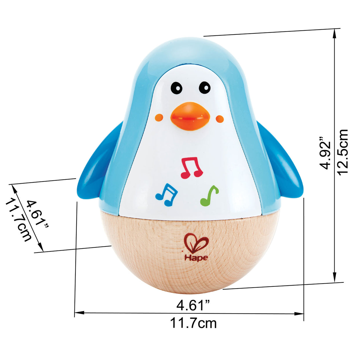 Musical Penguin Wobbler toy with blue wings and colorful musical notes, suitable for children 6 months and older.