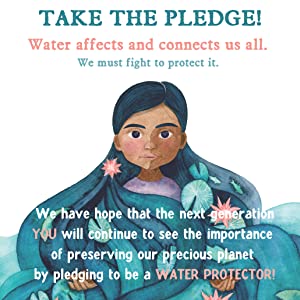 We Are Water Protectors shows a young Indigenous girl surrounded by water, urging a pledge to protect Earth’s water.
